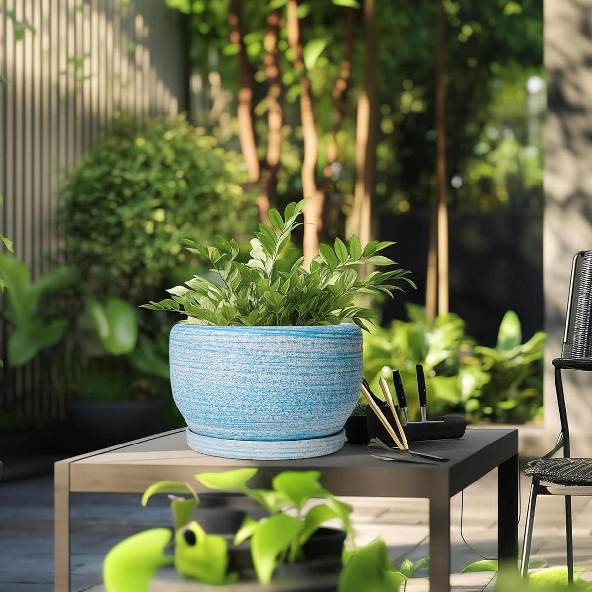SQOWL Ceramic Plant Pots - 10 Inch Ceramic Flower Pots with Drainage Hole and Saucer, Round Large