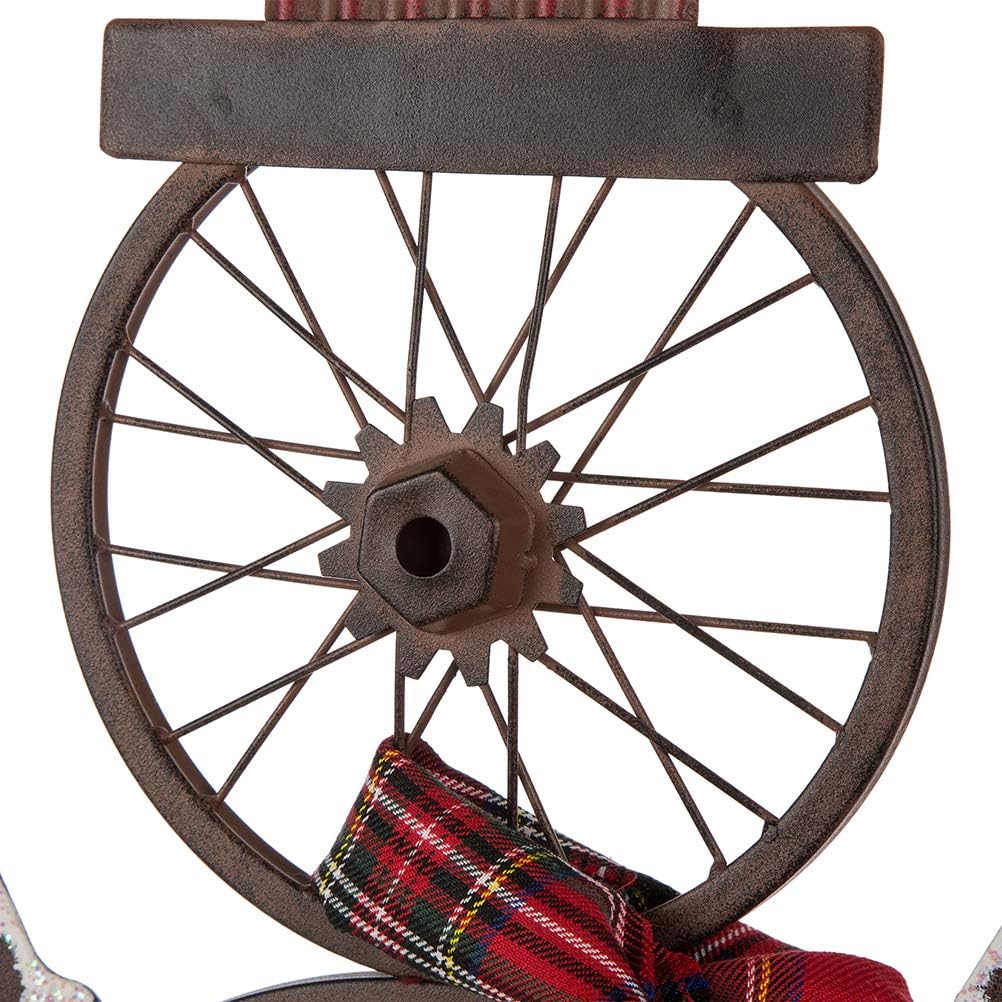 Glitzhome 33.98" H Metal Bike Wheel Snowman with Plaid Scarf Hat Porch Decor Metal Bicycle Garden