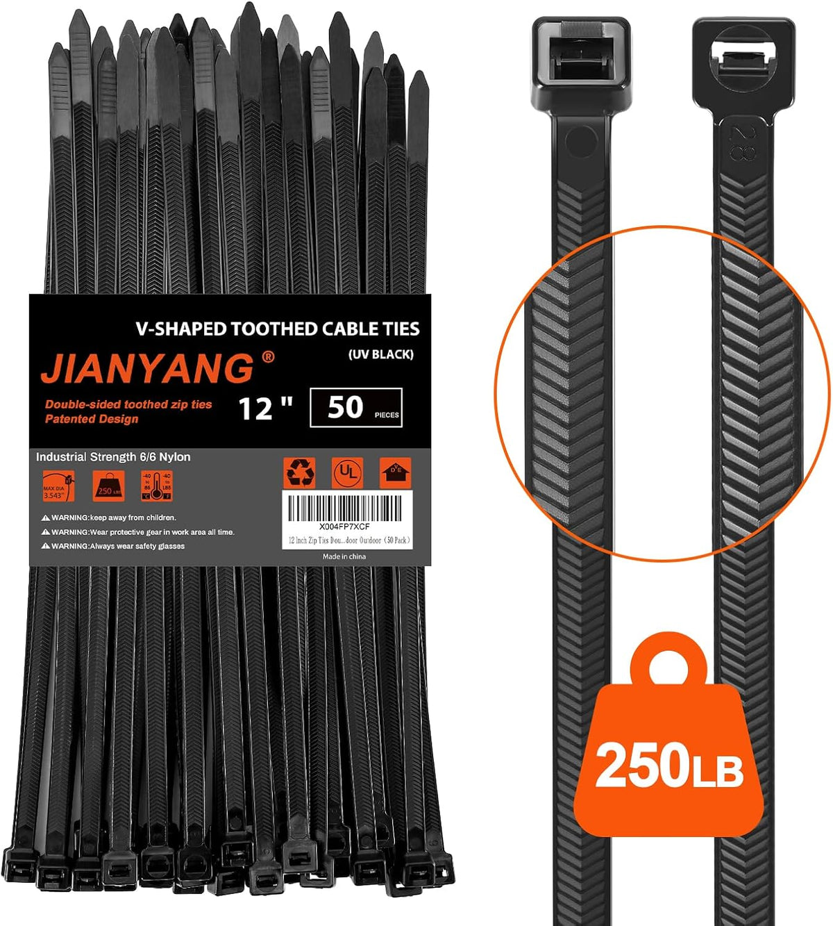 12 Inch V-Shaped Zip Ties Double Sided Toothed,250 LBS Tensile Strength Heavy Duty Cable Wire Ties