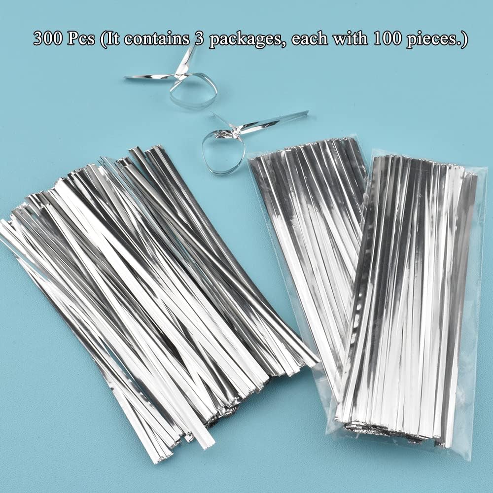 HAHIYO 300Pcs 4 Inches Silver Metal Twist Ties for Bread, Candy, Coffee, Plant Garden, Cellophane