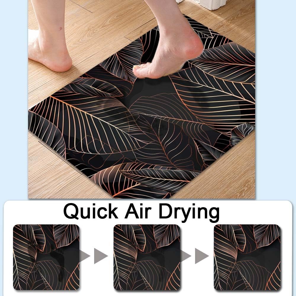 Bath Mat-Bathroom Rug，Black Rose Gold line Leaves-Absorbent Non Slip Quick Dry Stain Resistant Easy