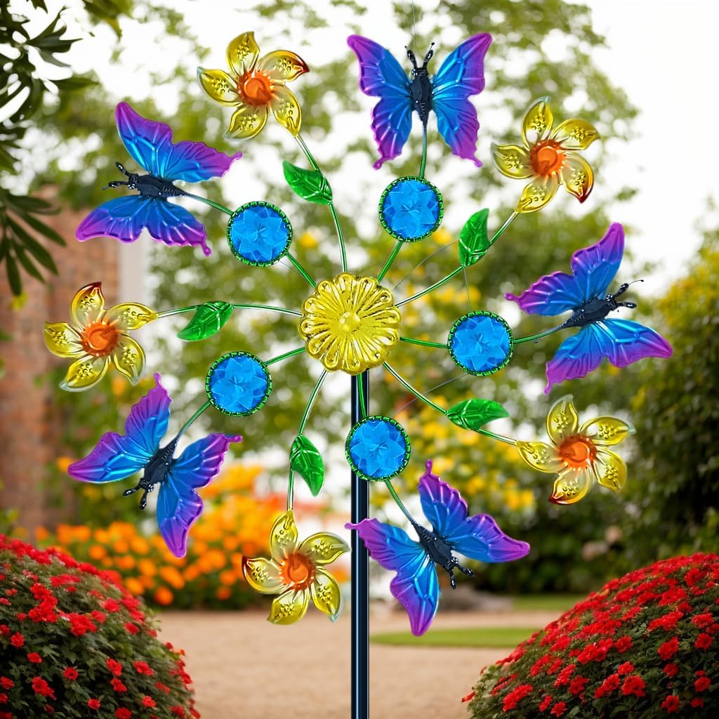 44" Butterfly Garden Wind Spinners - Metal Outdoor Stake Spinner Windmills, Wind Sculpture Yard Art
