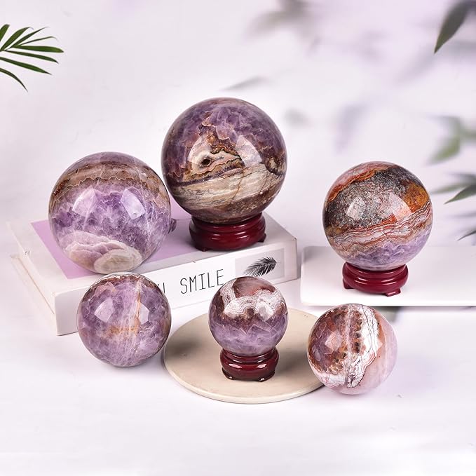 JIC Gem Natural Amethyst Agate Crystal Sphere Ball Purple Crystal Decorative Ball with Wooden Stand