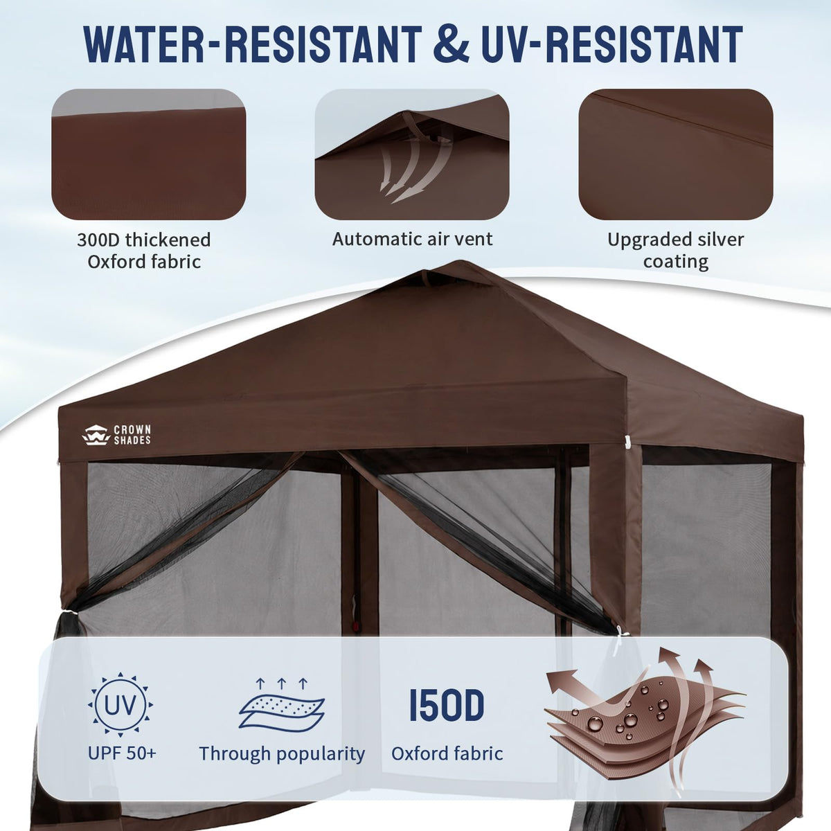 CROWN SHADES Gazebo 10x10 Pop Up Canopy with Mosquito Netting, Coffee
