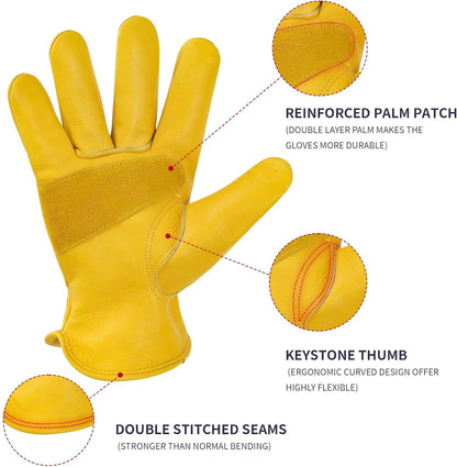 Leather Work Gloves for Men & Women, Reinforced Durable Gardening Gloves,Cowhide Work