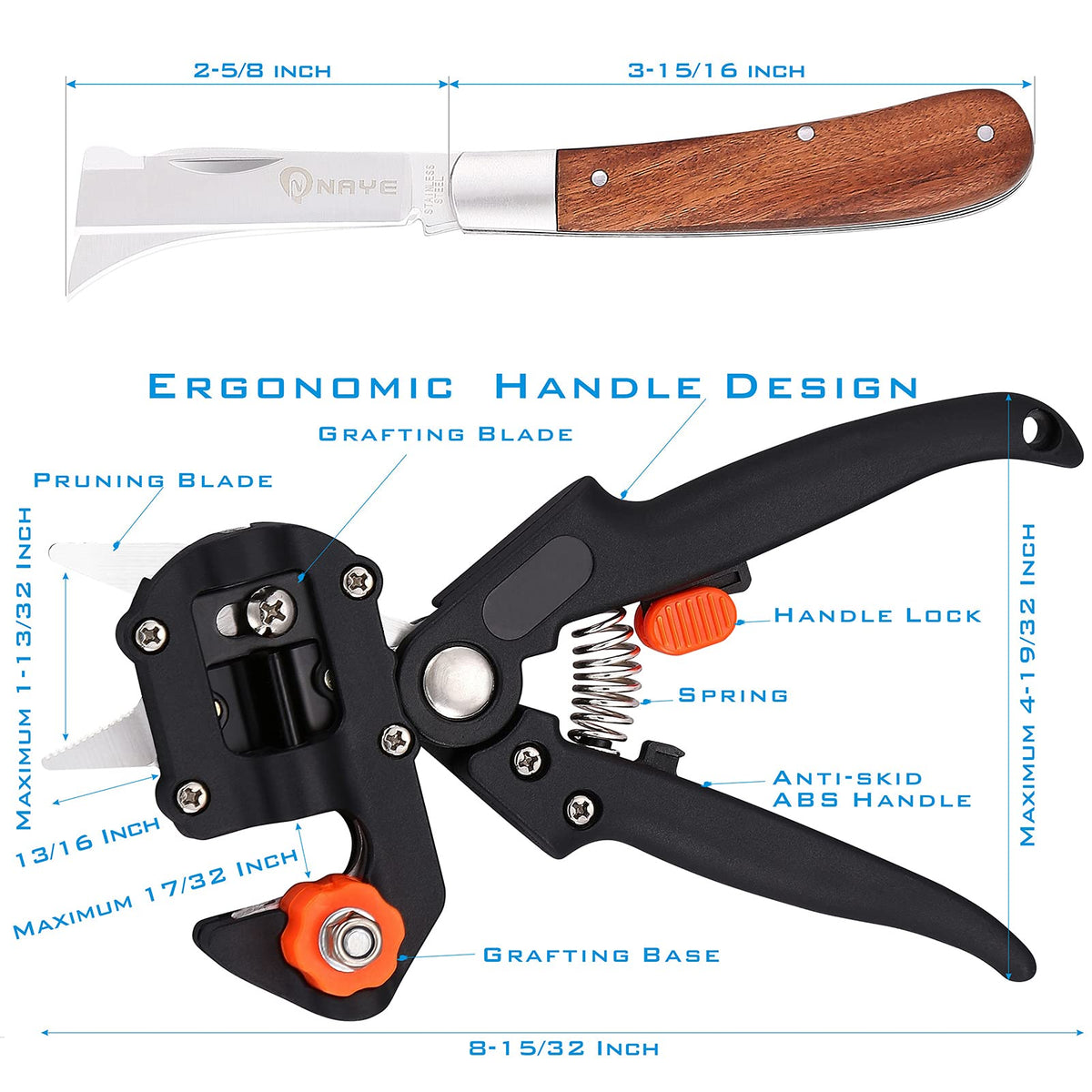 [6 Blades Enhanced] NAYE 2 in 1 Garden Grafting Tool Kit for Fruit Trees with Grafting Knife
