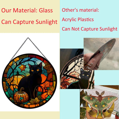 Black Cat Pattern Suncatcher Stained Glass,Hanging Stained Glass for Windows for Cat