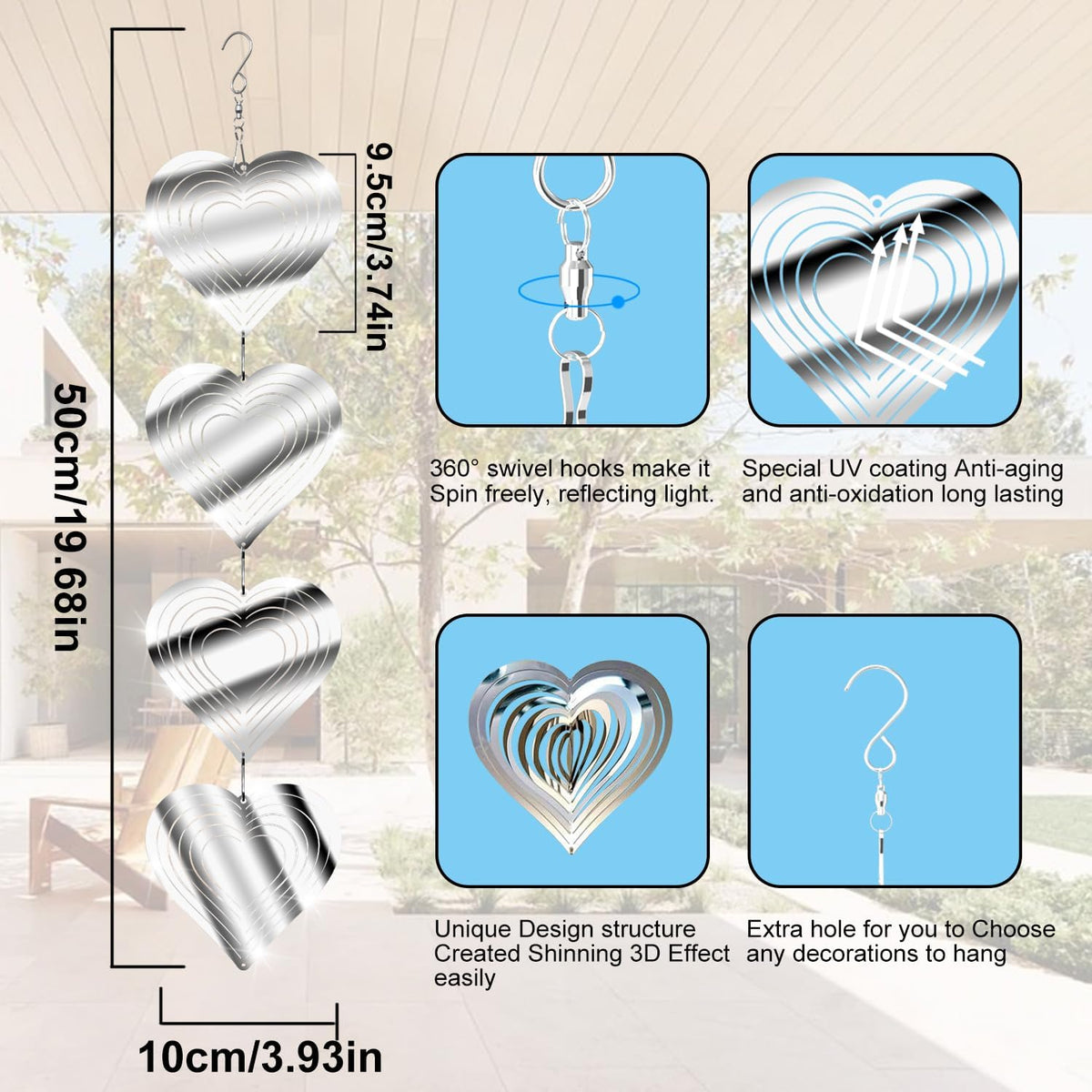 12 Metal Heart Bird Scarer Discs Set, Wind Spinners 3D Helix Reflector Stainless Steel Sparkly