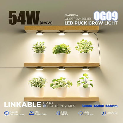 Barrina Orbgrow OG09 Puck Grow Light with Timer, 660nm Red LEDs, 54W(6 x 9W, 810 Watt Equiv), Full
