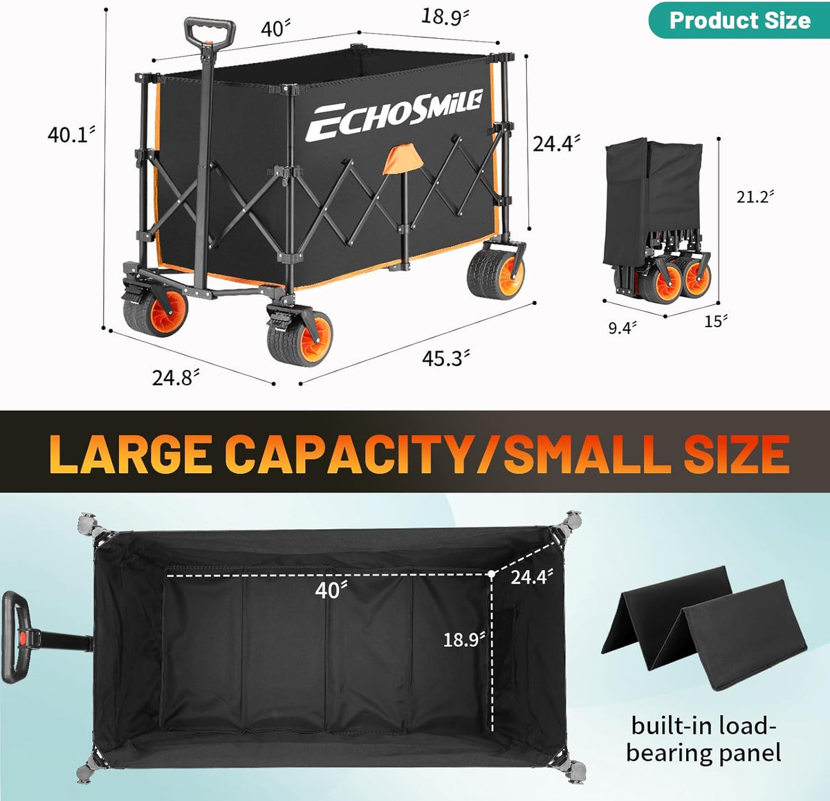 EchoSmile Collapsible Foldable Extended Wagon with 500lbs Weight Capacity, 300L Folding Utility