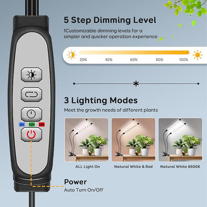 V-Shape Grow Lights for Indoor Plants, 2 Heads LED Full Spectrum Lamps With Clips, 5 Dimmable