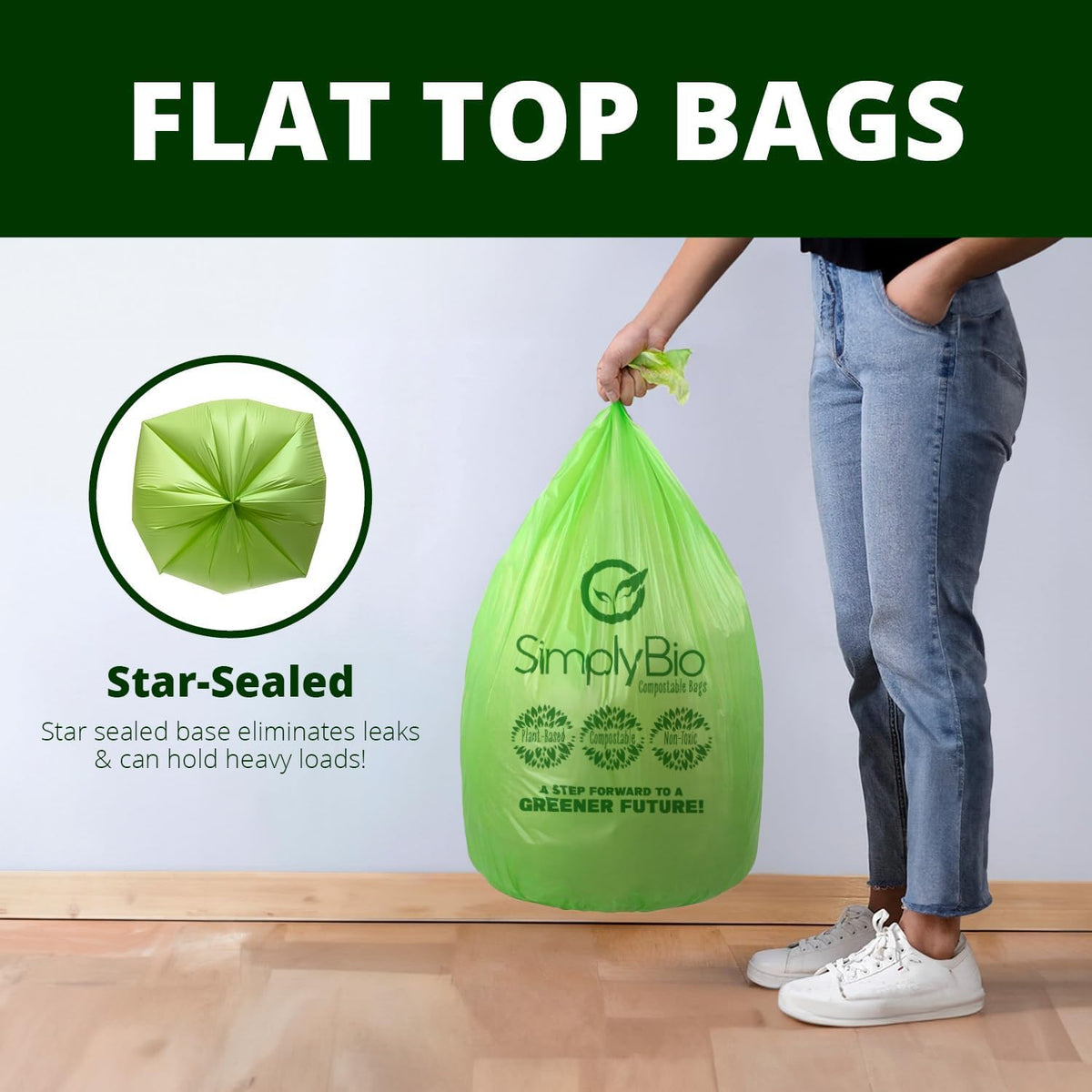 10-13 Gallon Compostable Trash Bags with Flat-Top 50 Bags Thick 0.87 Mil Leakproof Plant-based Tall