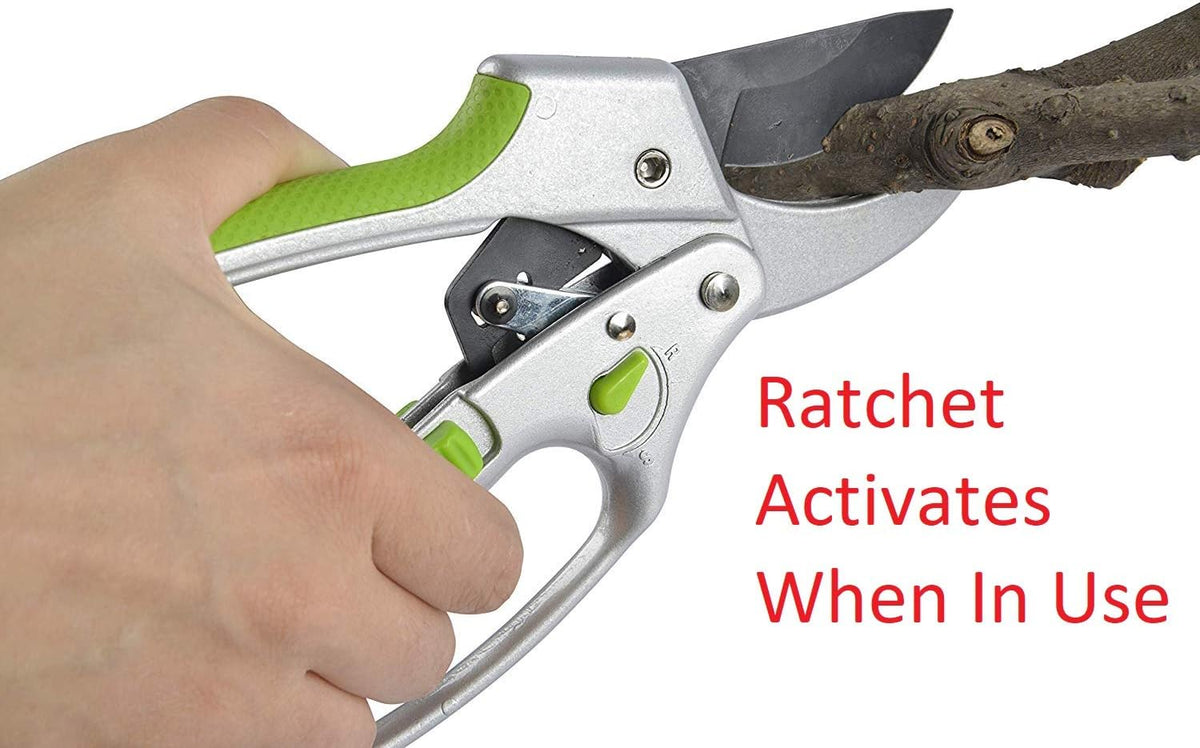 Garden Guru 2 in 1 Ratchet Pruning Shears Clippers – 4X Cutting Power – Ratcheting Garden Anvil