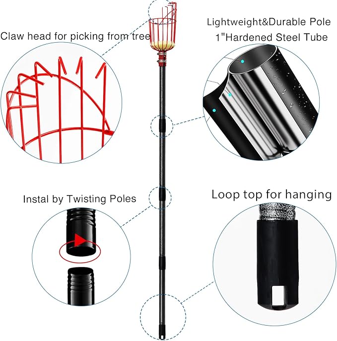 Fruit Picker Pole Tool with Basket Telescoping, Adjustable Apple Picker Pole 35-170 inch Long