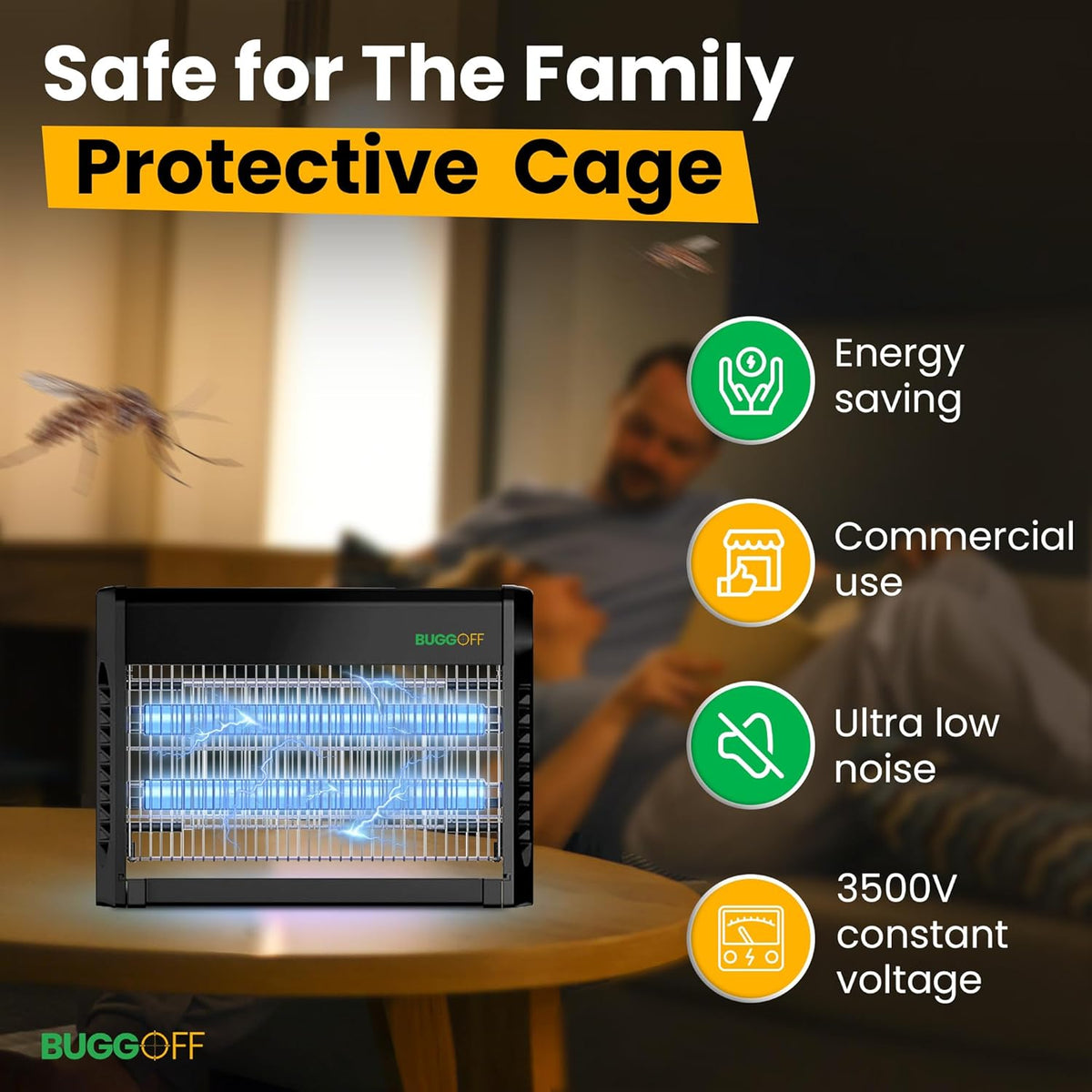 BUGGOFF Black Modern Indoor Electric Bug Zapper, 800 SQFT Coverage, 3500 Volts of Stunning Power