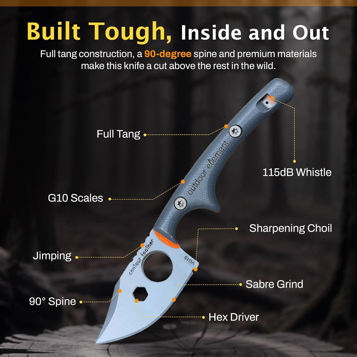 OUTDOOR ELEMENT Contour Feather Survival and Culinary Knives – VG10 Steel Fixed Blade with Fire