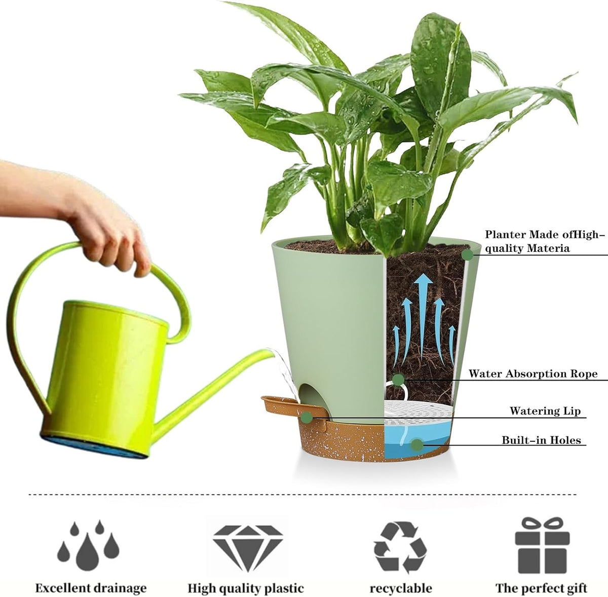 5 Pack 5 inch Self-Watering Pots, African Violets Planter with Drainage Holes and Reservoir, Green