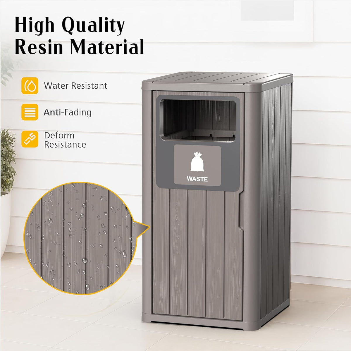 Outdoor Single Barrel Trash Can,Waterproof Resin Garbage Can with Garbage Labels,Durable Waste Bin