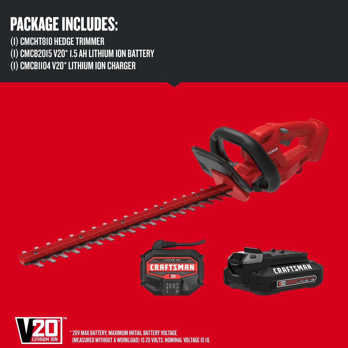 CRAFTSMAN V20 Cordless Hedge Trimmer with Battery and Charger Included, 20 in. Blade, Rechargeable