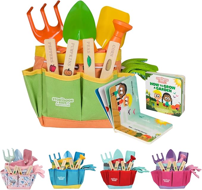 Matching Board Book - Green Kids Gardening Tools Set Includes Sturdy Tote Bag, Watering Can
