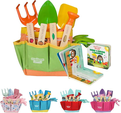 Matching Board Book - Green Kids Gardening Tools Set Includes Sturdy Tote Bag, Watering Can