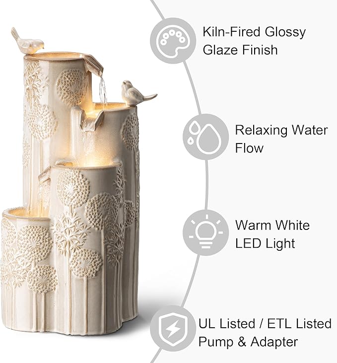 Glitzhome 31.75" H Outdoor Water Fountain with LED Lights and Pump, 4 Tier Dandelion Texture Vase