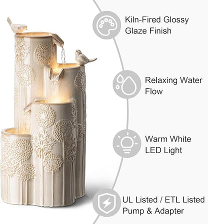 Glitzhome 31.75" H Outdoor Water Fountain with LED Lights and Pump, 4 Tier Dandelion Texture Vase