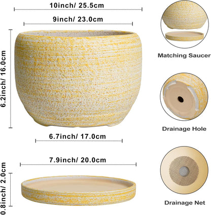 SQOWL Ceramic Planters for Indoor Plants - 10 Inch Plant Pot with Drainage Hole and Saucer, Round