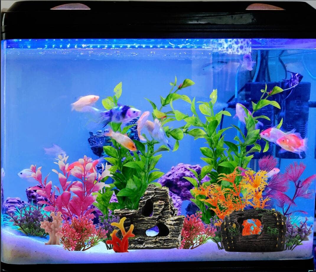 Fish Tank Decorations Plants with Resin Broken Barrel and Cave Rock View, 15pcs Aquarium