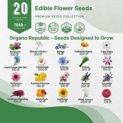 Organo Republic 20 Edible Flower Seeds Variety Pack- Indoor/Outdoor. 7000+ Non-GMO Heirloom:
