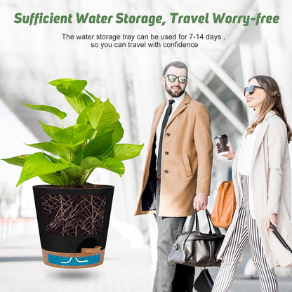 Indoor Self Watering Planters with Drainage Holes and Saucers, 8, 7, 6.5, 6, 5.5, 5 Inches, Black