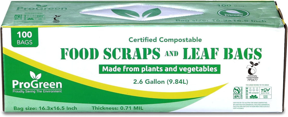 ProGreen Compostable Trash Bags 2.6 Gallon, 100 Count, Extra Thick 0.71 Mil, Small Compost Kitchen