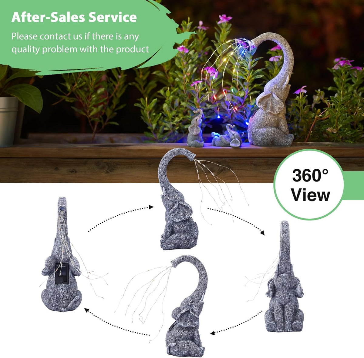 Goodeco Garden Elephant Statue Outdoor - Solar Watering Lights, Perfect for Yard, Patio, and