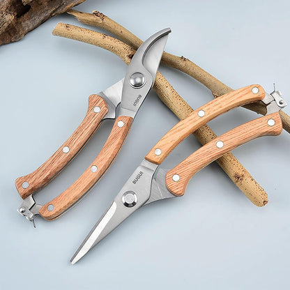 BUGUI Wood Handle Garden Shears, Long Straight Tip, All Steel Construction, Sharp, Well Designed