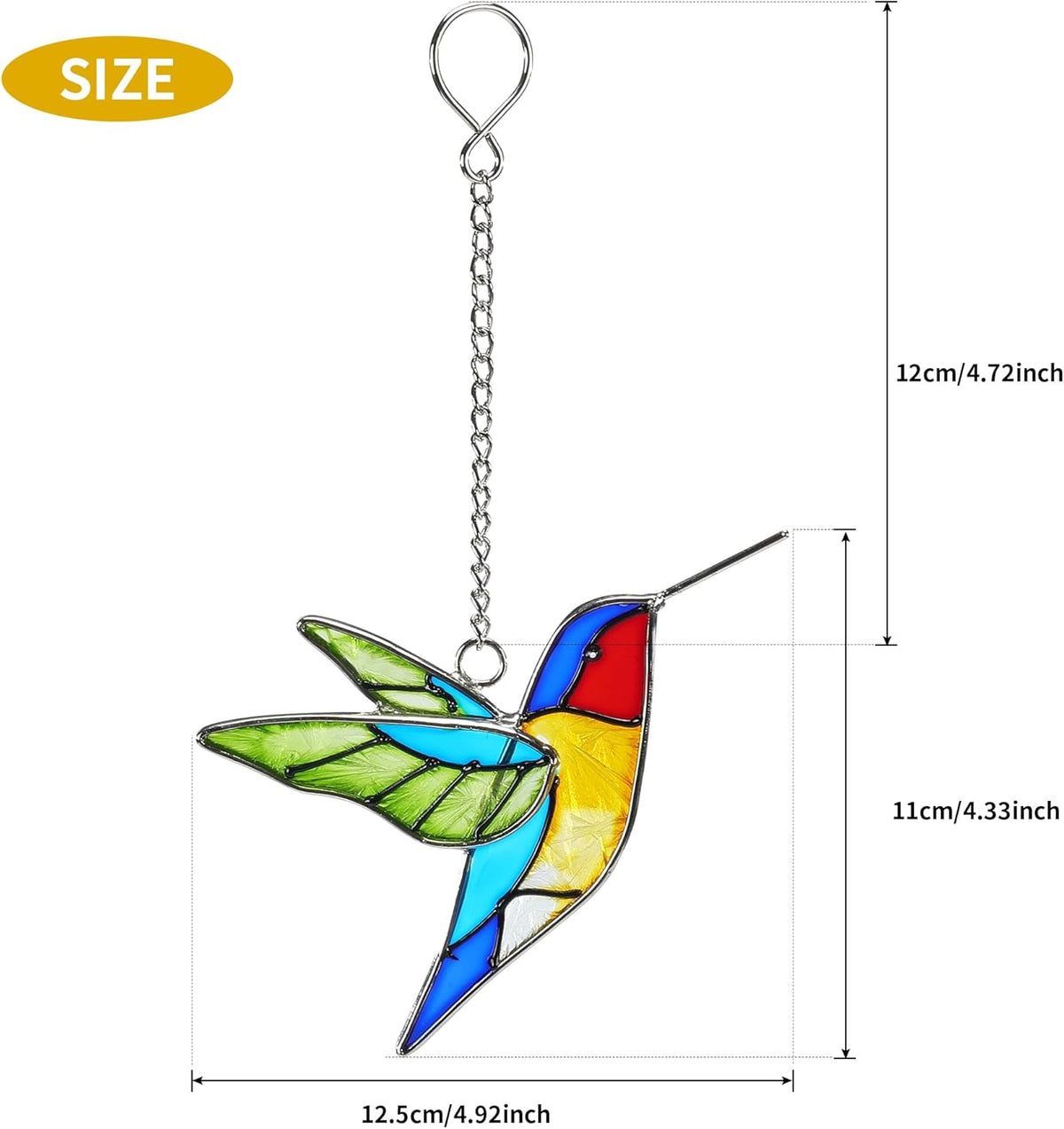 Handmade Stained Glass Hummingbird Hanging Ornament - Colorful 4.3x4.9 Inch Window/Garden Decor for