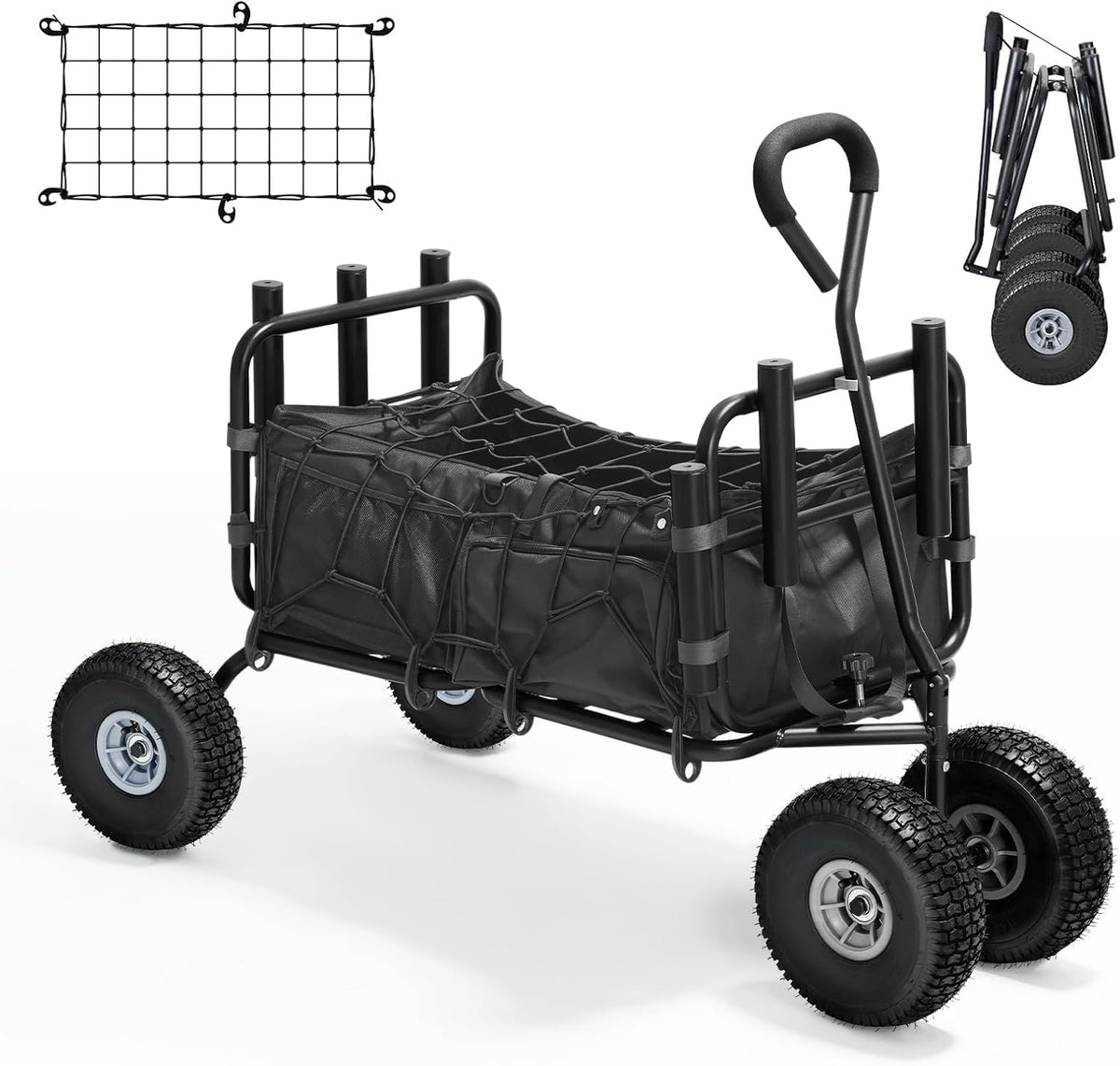 Fishing Cart Beach Cart Collapsible Wagon with 11”All Terrain Big Wheels,Heavy-Duty Garden Carts