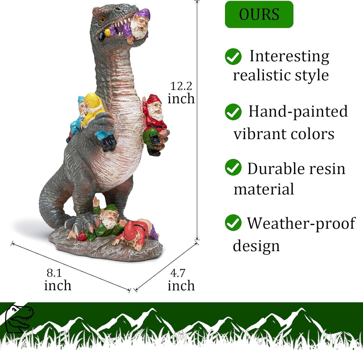 Dinosaur Garden Gnome Statue 12 Inches, Humorous and Interactive Outdoor Decorations for Yard