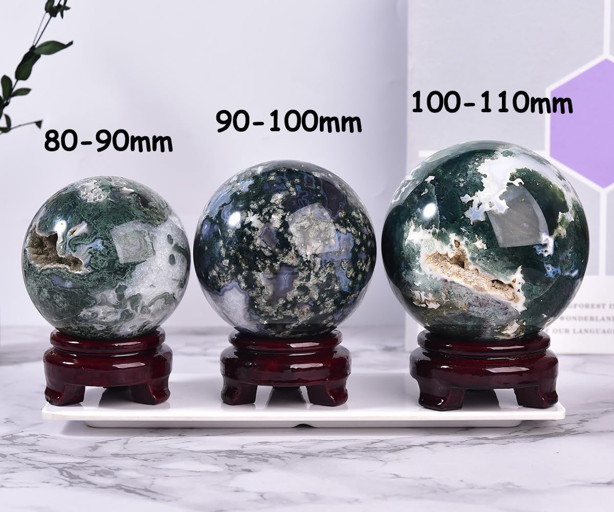 Large Moss Agate Crystal Sphere Natural Healing Crystal Ball with Stand Meditation Decorative Balls