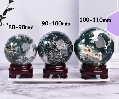 Large Moss Agate Crystal Sphere Natural Healing Crystal Ball with Stand Meditation Decorative Balls