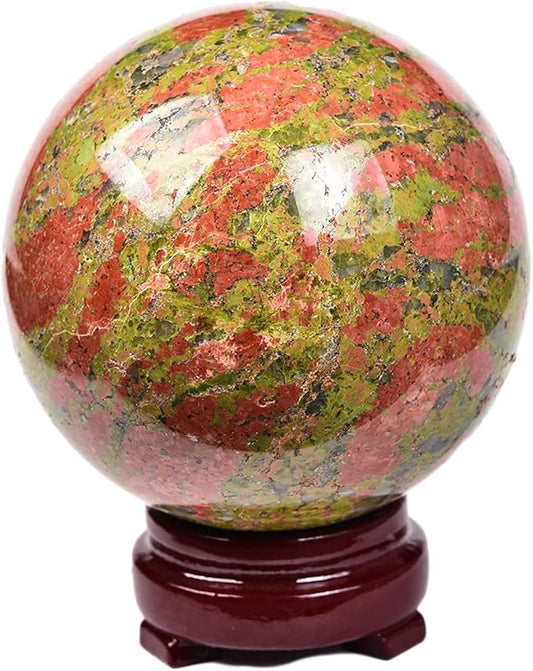 JIC Gem Healing Crystal Sphere Ball with Wood Stand Natural Unakite Rock Gemstone Sphere Crystal