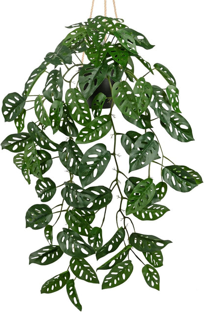 Large Fake Hanging Plants in Pot with Hook, 37" Artificial Hanging Monstera Albo Vines Plants, Fake