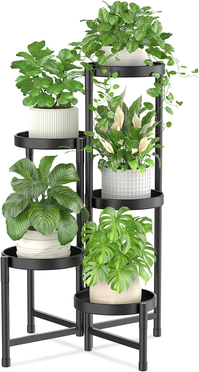 iDavosic.ly Plant Stand Indoor Outdoor, 5 Tier Corner Metal Flower Display Holder Shelf, Folding