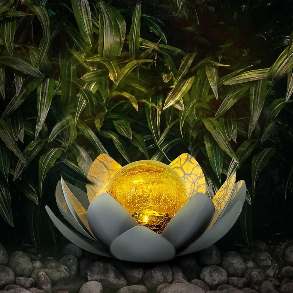 Huaxu Solar Lights Outdoor Garden Decor , Amber Crackle Globe Glass Lotus Decoration,Waterproof