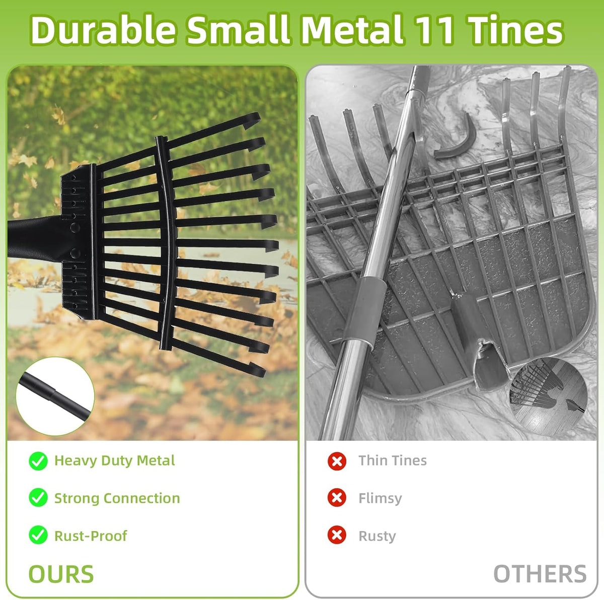Small Rake for Gardening 63 Inch Adjustable Heavy Duty Garden Leaf Rakes Garden Tools 11 Metal