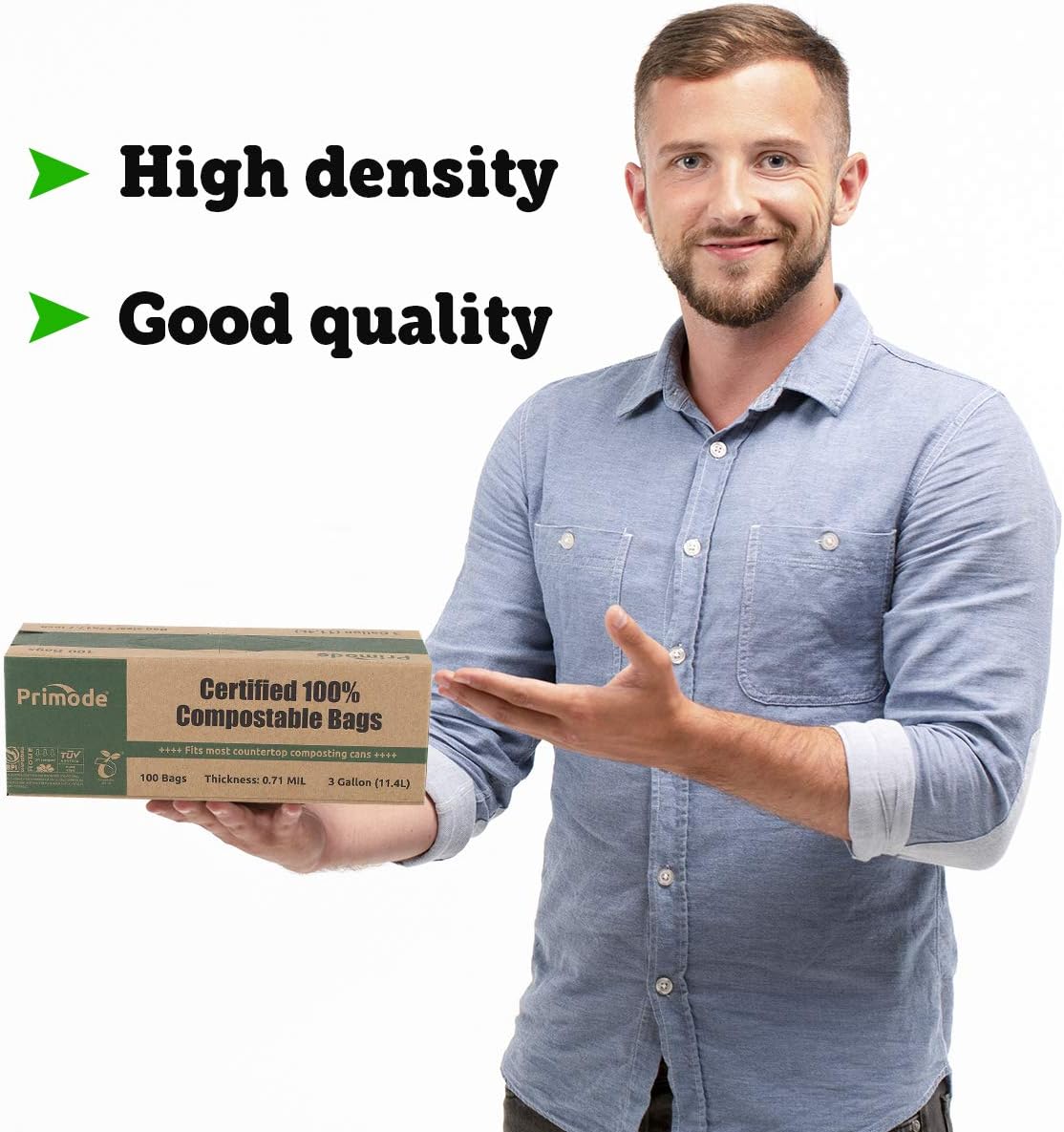 Primode Compostable Bags, 3 Gallon Food Scraps Yard Waste Bags, 100 Count, Extra Thick 0.71 Mil.