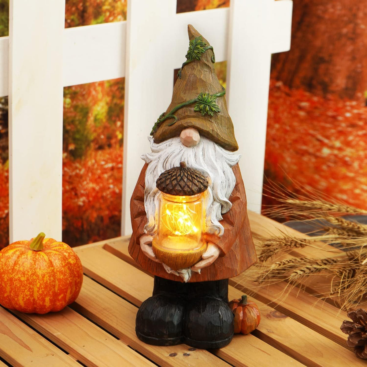 Topadorn Fall Garden Gnome Statue Light, Autumn Harvest Gnome Figurine with Pine Cone on Hand for