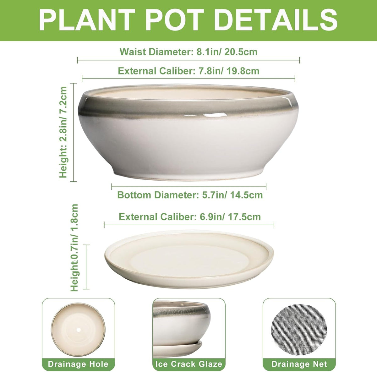 SQOWL Bonsai Tree Pots - 8 Inch Ceramic Succulent Pots with Drainage Hole and Saucer, Shallow Round