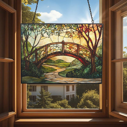Rectangle Art Nouveau Ivy-Covered Bridge Stained Glass Window Hanging,Hummingbird Sun Catchers