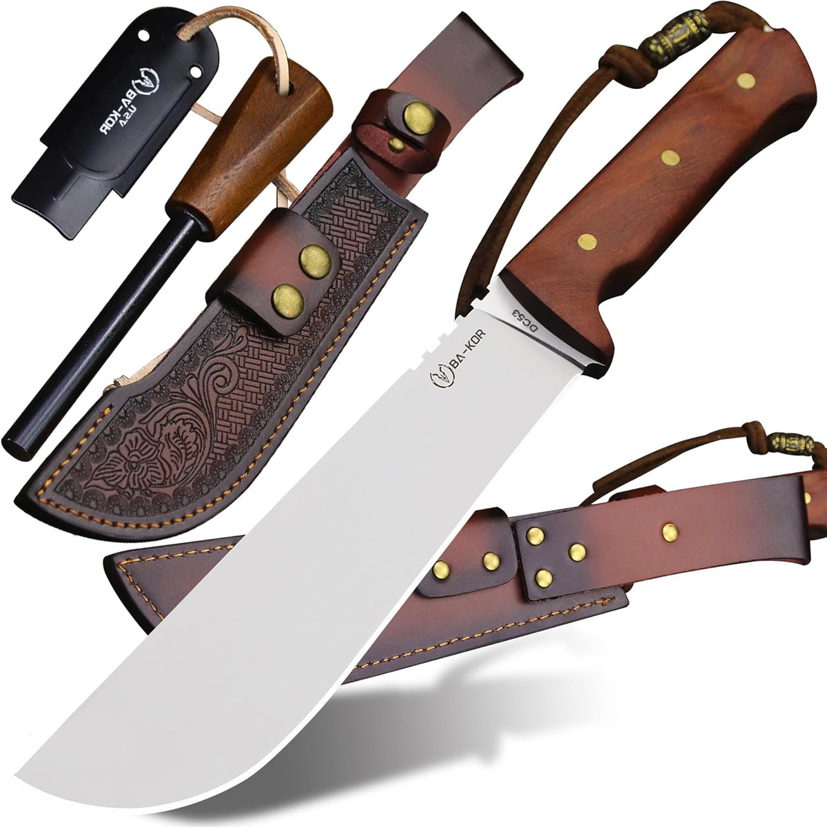BA-KOR USA 8mmDC53 steel 35CM (14 ") full Tang fixed knife with leather sheath and (5.9 ") ceria