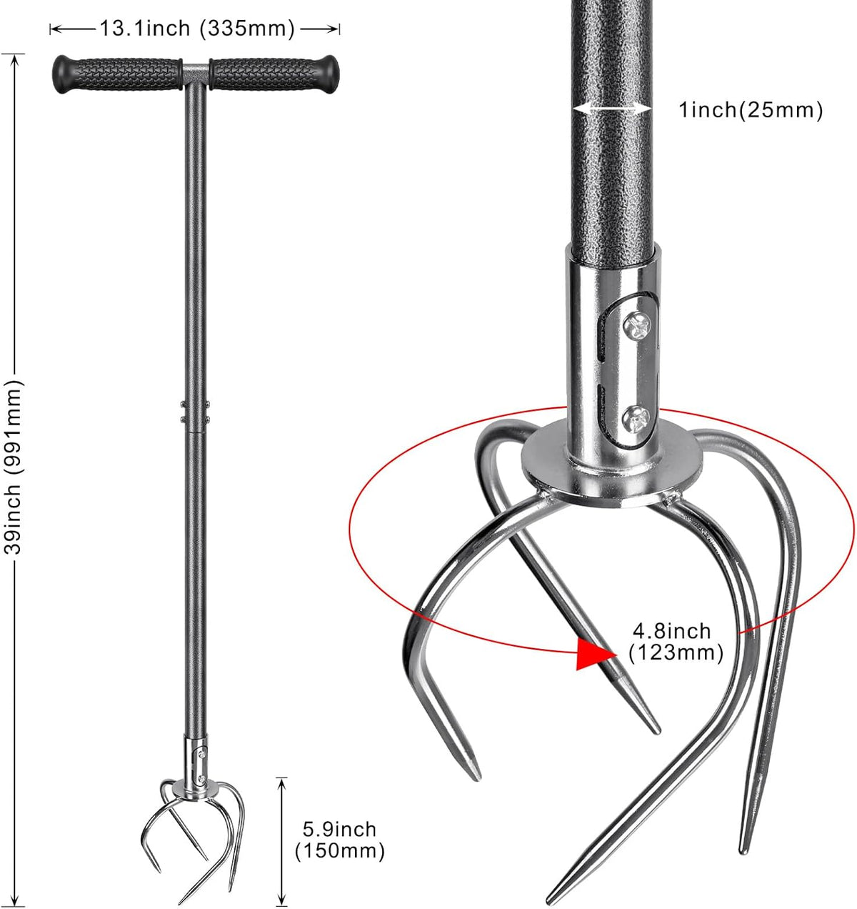 Dolibest Manual Twist Tiller, All-Steel Garden Claw Cultivator with 4 Curved Claws and Soft Rubber